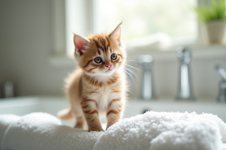 Petit chaton mouillé sur une serviette blanche dans la salle de bain