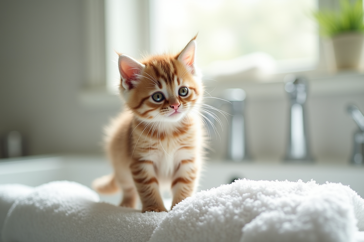 Petit chaton mouillé sur une serviette blanche dans la salle de bain