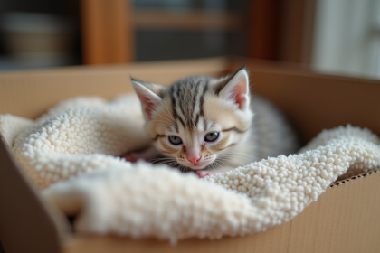 Chaton nouveau né dans une boîte en carton douce