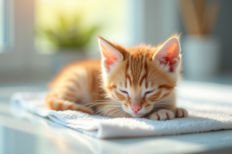 Petit chaton orange allongé sur une serviette blanche en lumière naturelle