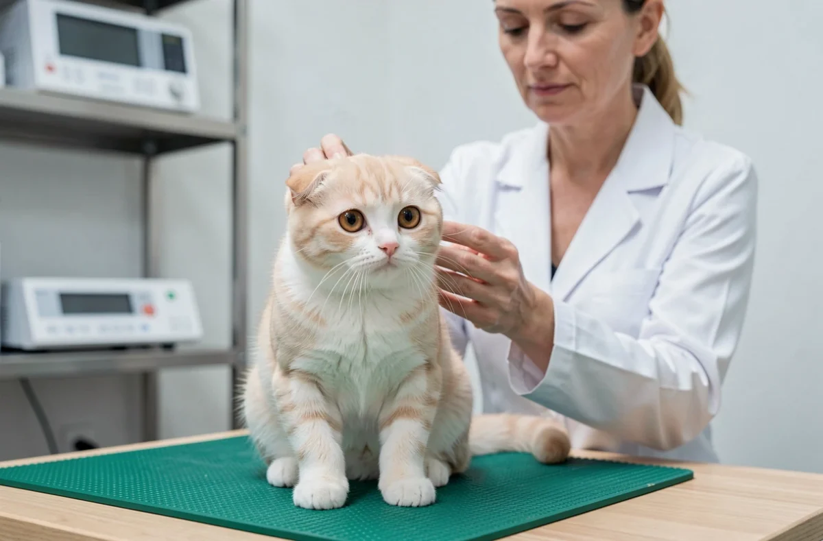 Chaton Scottish Fold crème aux yeux dorés examiné par une vétérinaire lors d'une visite médicale, conseillé pour les nouveaux propriétaires
