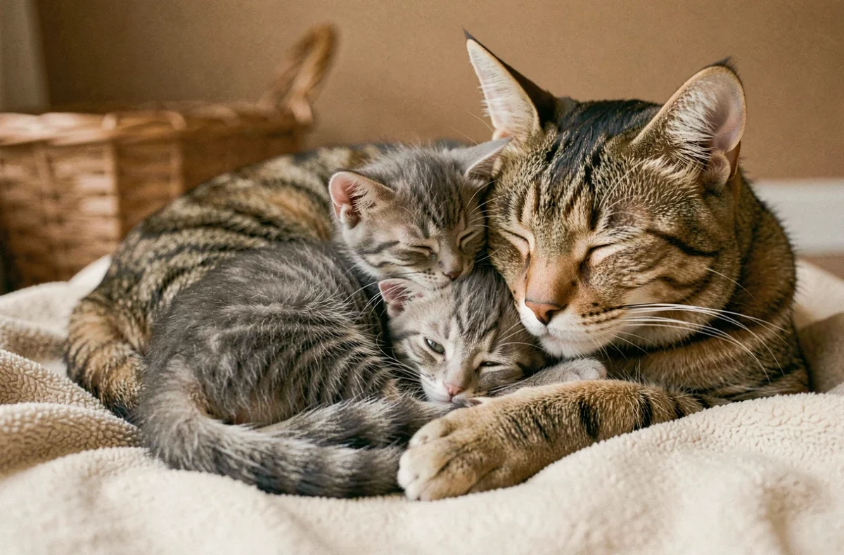 Un chaton très jeune blotti contre sa mère, illustrant l'importance de ne pas séparer un chaton trop tôt