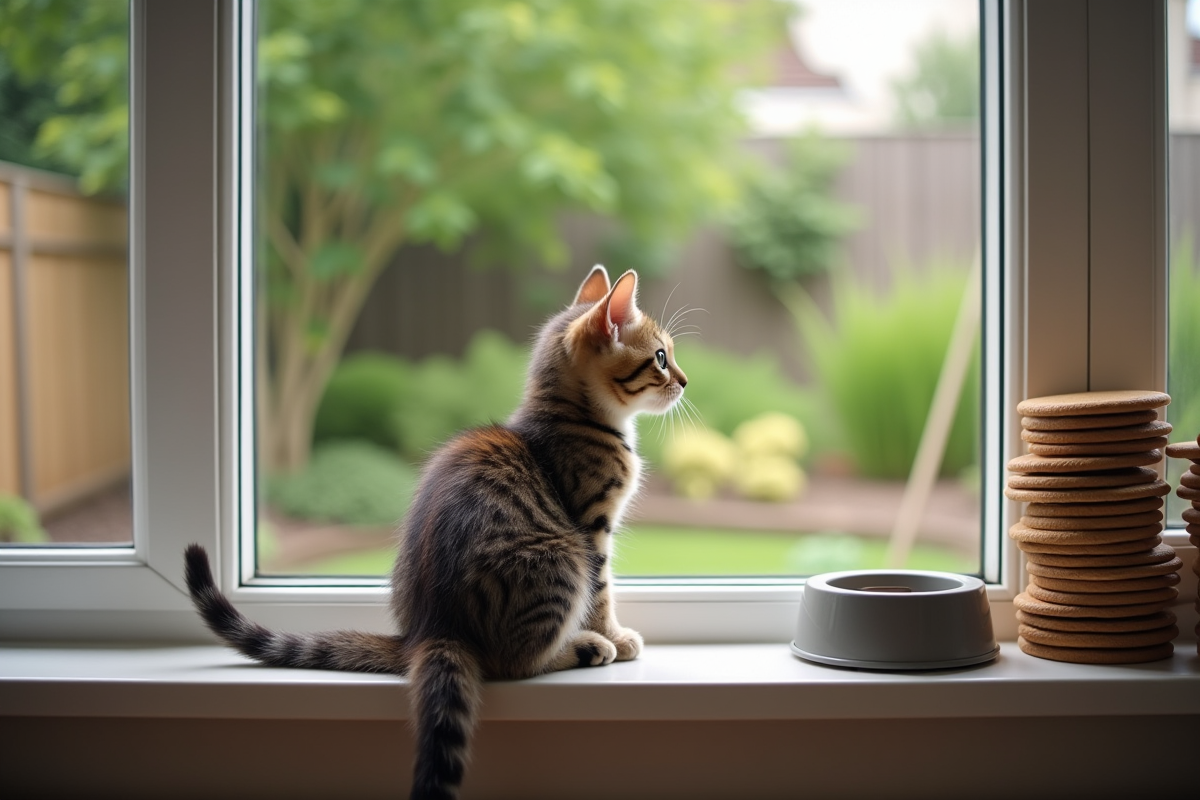 Chaton tigré regardant par la fenêtre dans un jardin