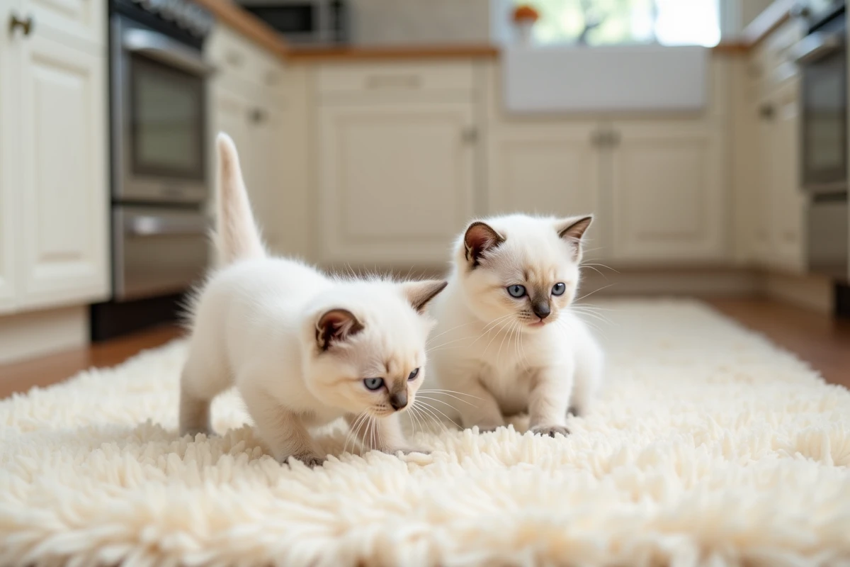Deux chatons Sacré de Birmanie jouent dans la cuisine