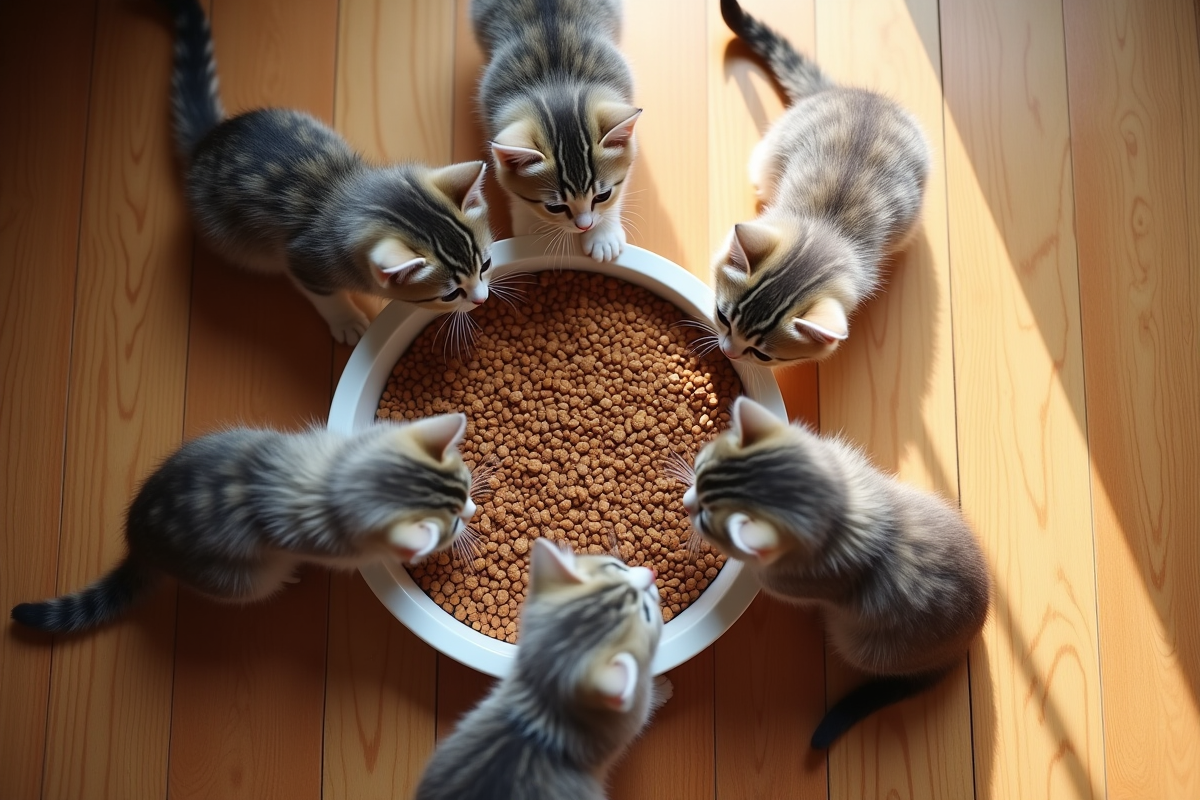 Chatons plus vieux autour d un bol de nourriture sèche