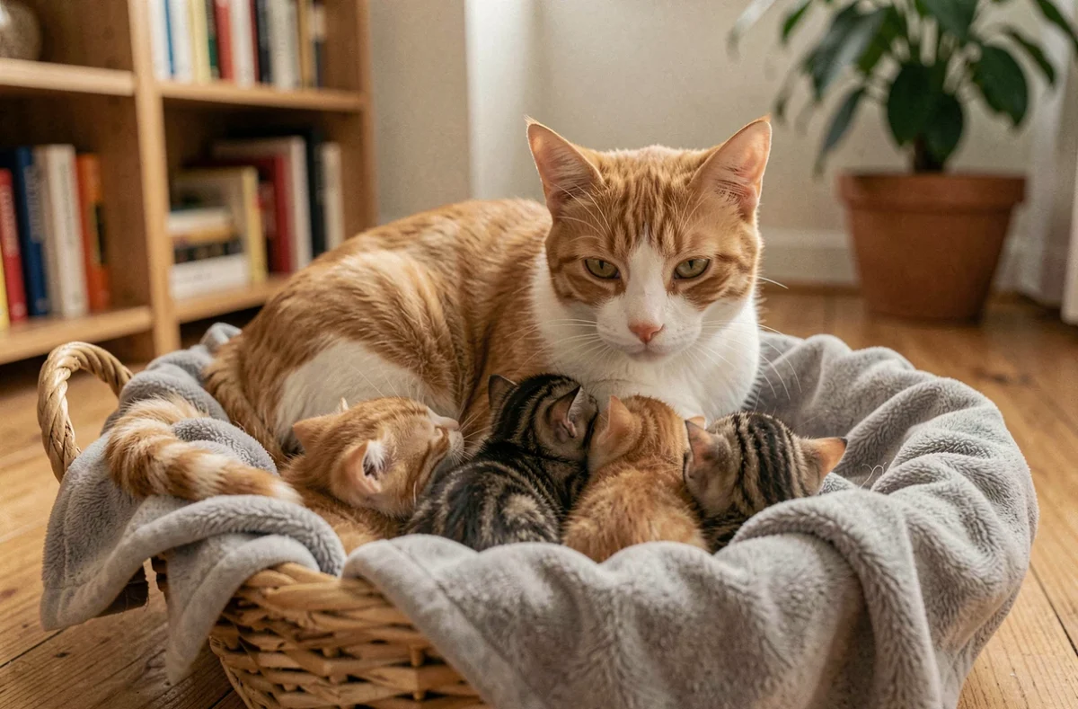 Chatte allaitant sa portée de chatons dans un panier douillet à la maison