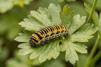 Chenille de machaon accrochée à une feuille de persil sauvage dans un jardin naturel