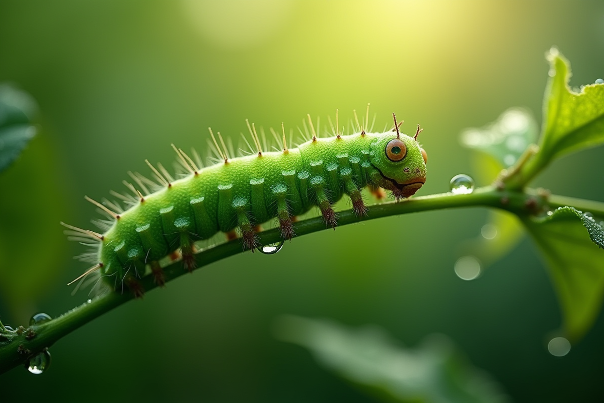 Chenille verte sur une tige avec rosée au matin