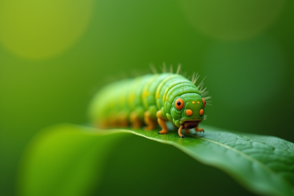 Chenille verte en gros plan sur une feuille fraîche