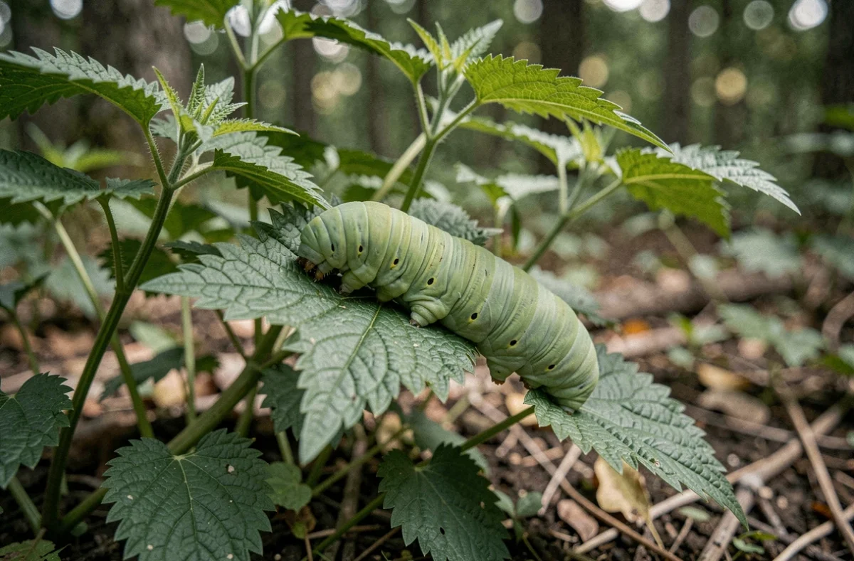Chenille verte se nourrissant d'une feuille d'ortie en lisière de forêt