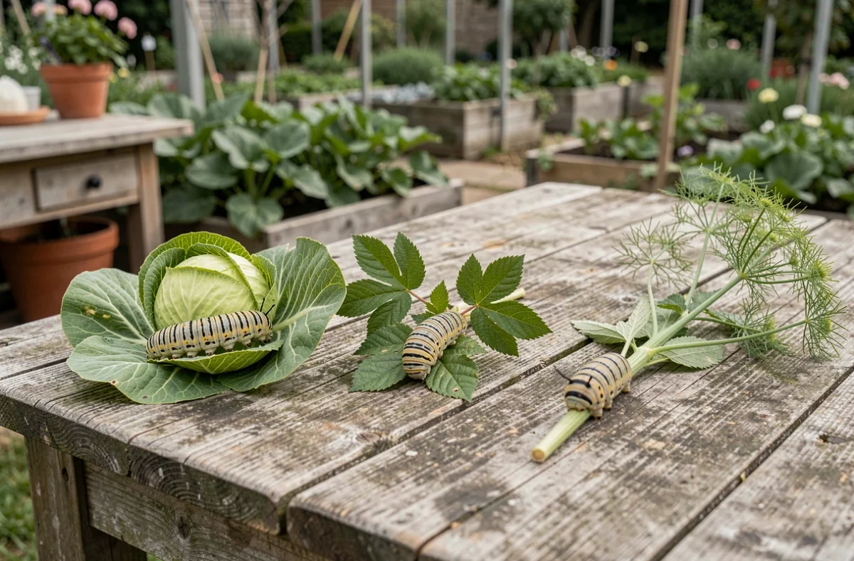 Trois espèces de chenilles sur leurs plantes hôtes préférées posées sur une table en bois au jardin