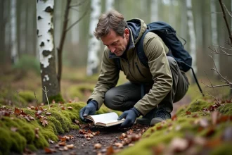 Chercheur en forêt examinant des déjections de renard au sol
