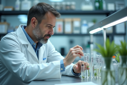 Scientifique en laboratoire examinant des tubes à essai avec des plantes