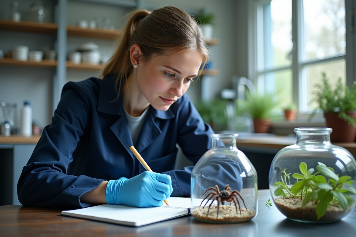 Jeune chercheuse examine une araignée écouteau dans un laboratoire moderne