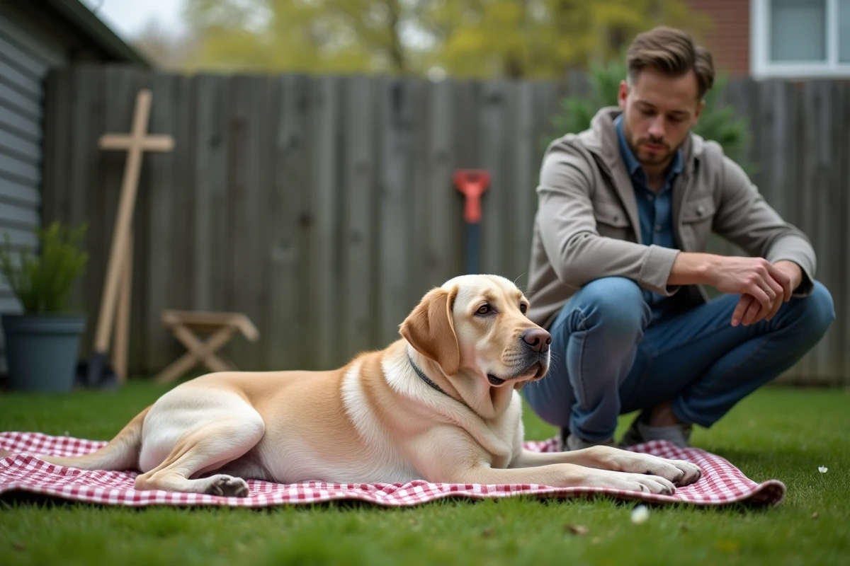 Labrador malade dans le jardin avec un homme inquiet