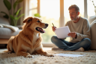 Chien heureux assis sur un tapis lumineux avec son propriétaire