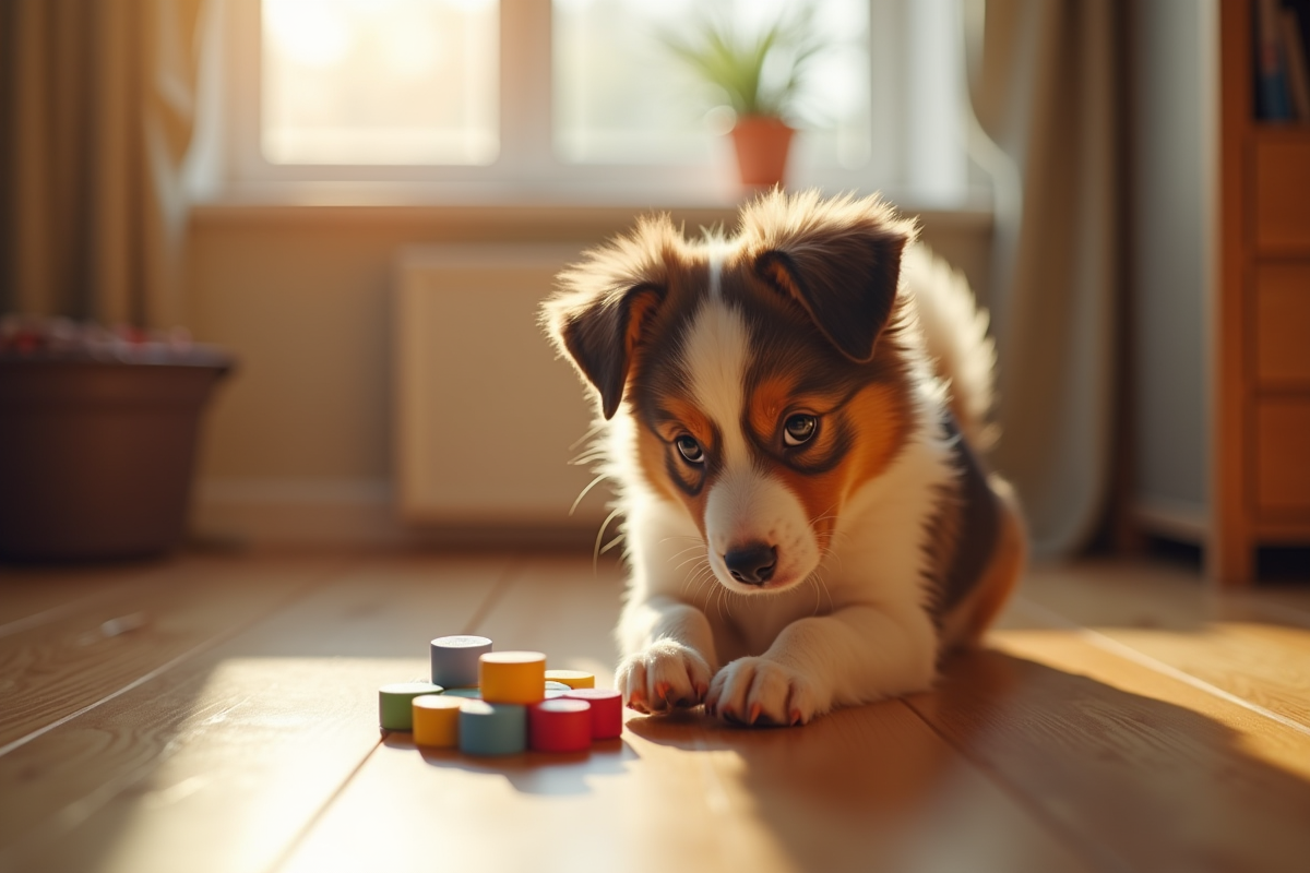 Australian Shepherd jouant avec un puzzle dans une maison chaleureuse