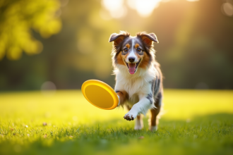 Jeune Australian Shepherd jouant avec frisbee dans un parc ensoleille
