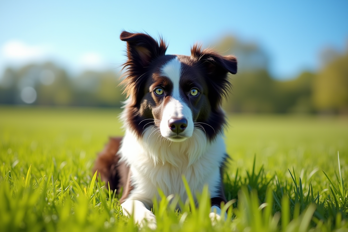 Chien croisé Border Collie et Australian Shepherd dans un pré ensoleillé