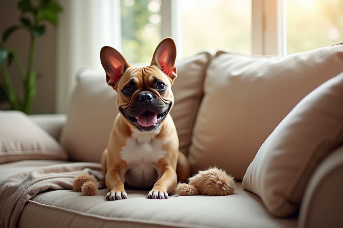 Bouledogue français assis sur un canapé lumineux et cosy