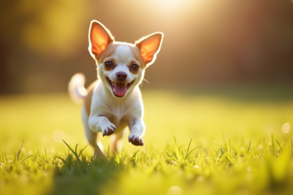 Chihuahua en pleine course dans un champ ensoleille