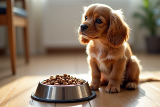 Cocker spaniel nain assis près d'une gamelle propre de nourriture saine