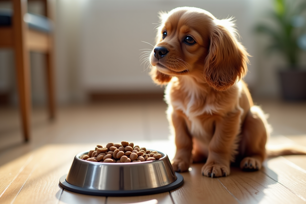 Cocker spaniel nain assis près d'une gamelle propre de nourriture saine