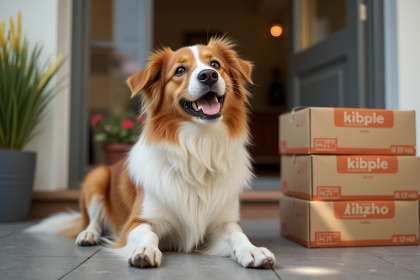 Chien heureux à côté de caisses de croquettes à la porte