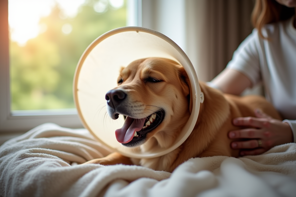 Chien avec collerette reposant à la maison près d