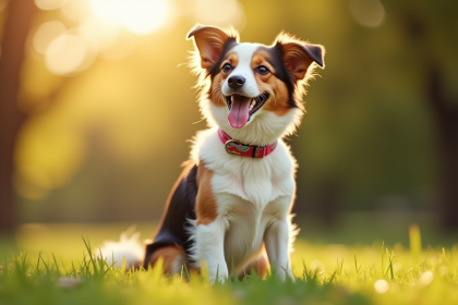 Chienne joyeuse avec collier coloré dans un parc ensoleille