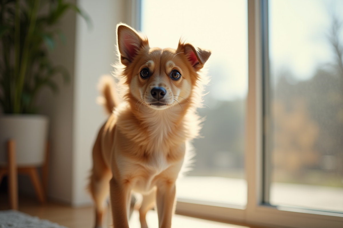 Chienne curieuse à la fenêtre avec lumière douce en intérieur