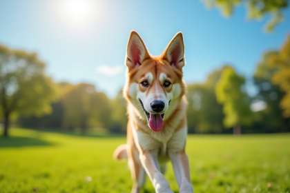 Chien husky berger allemand joueur en plein air dans un parc
