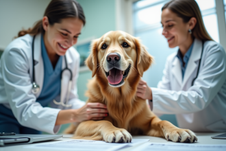 Chien golden retriever heureux chez le vétérinaire
