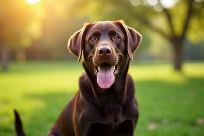 Labrador chocolat heureux dans un parc ensoleille