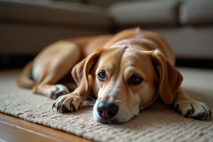 Chien âgé au regard triste allongé sur un tapis intérieur