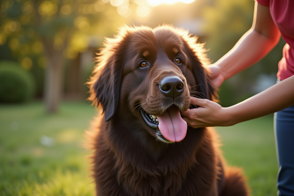 Chien Newfoundland brossé dans un jardin ensoleille