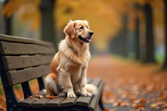 Golden retriever au pelage épais et soyeux assis sur un banc en bois entouré de feuilles d'automne