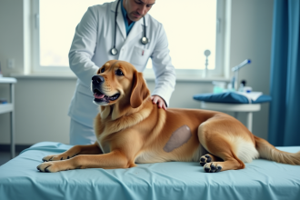 Golden retriever lors d'une visite vétérinaire avec une incision
