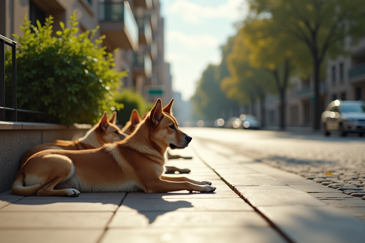 Groupe de chiens errants reposant sur un trottoir en ville en plein jour