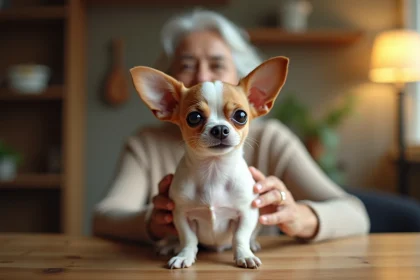 Chihuahua adulte assis sur une table en bois tenu par une femme âgée, illustrant la longévité et les soins quotidiens du chien