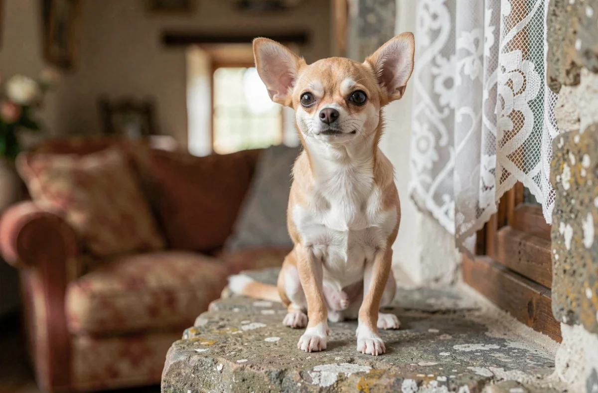 Chihuahua minuscule posé sur un appui de fenêtre en granit à l'élevage du Moulin de Kerliviry à Cléder