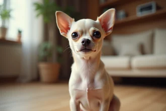 Chihuahua à poil court assis sur un parquet en bois dans un appartement moderne, regard curieux et expressif