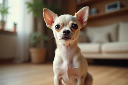 Chihuahua à poil court assis sur un parquet en bois dans un appartement moderne, regard curieux et expressif