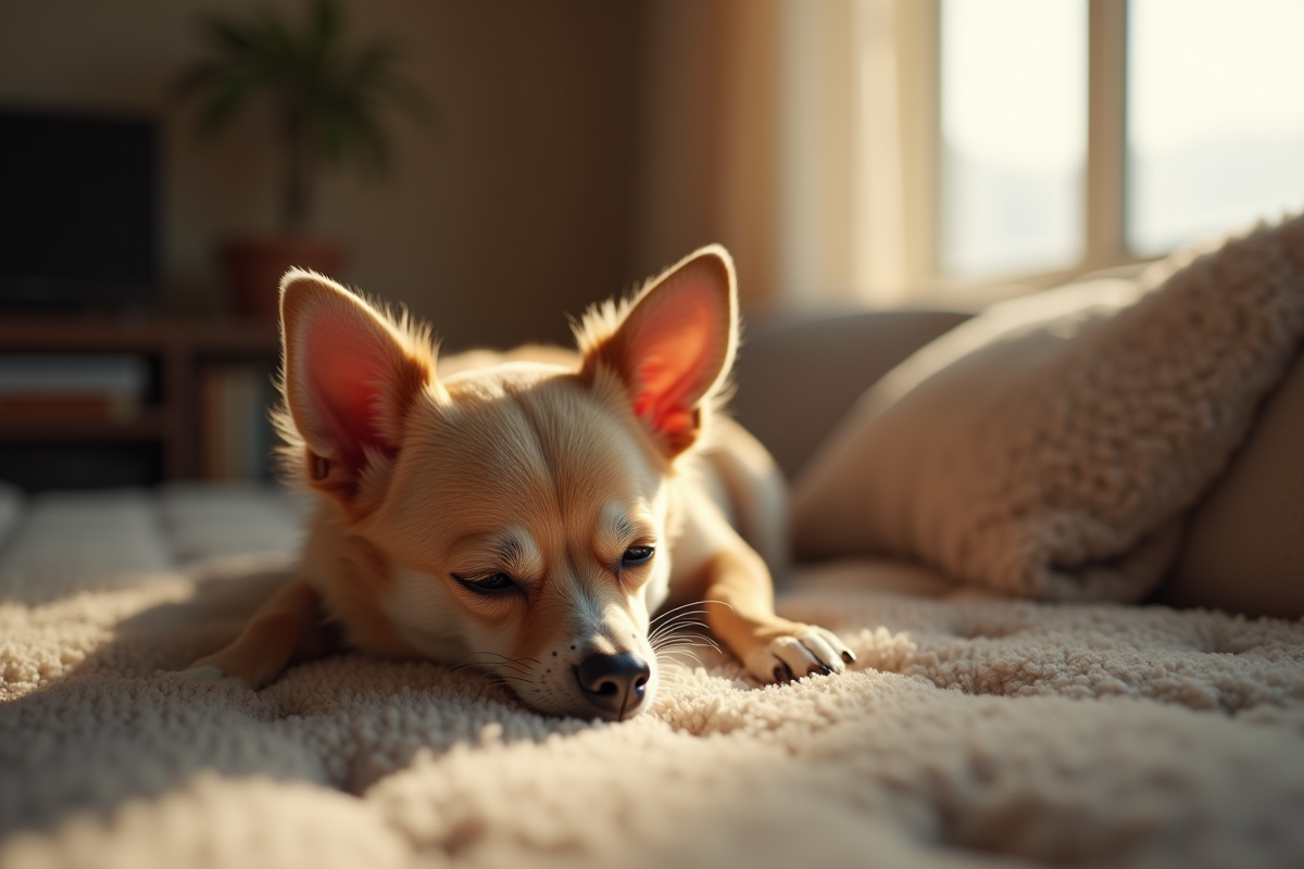 Chihuahua âgé reposant dans un salon chaleureux