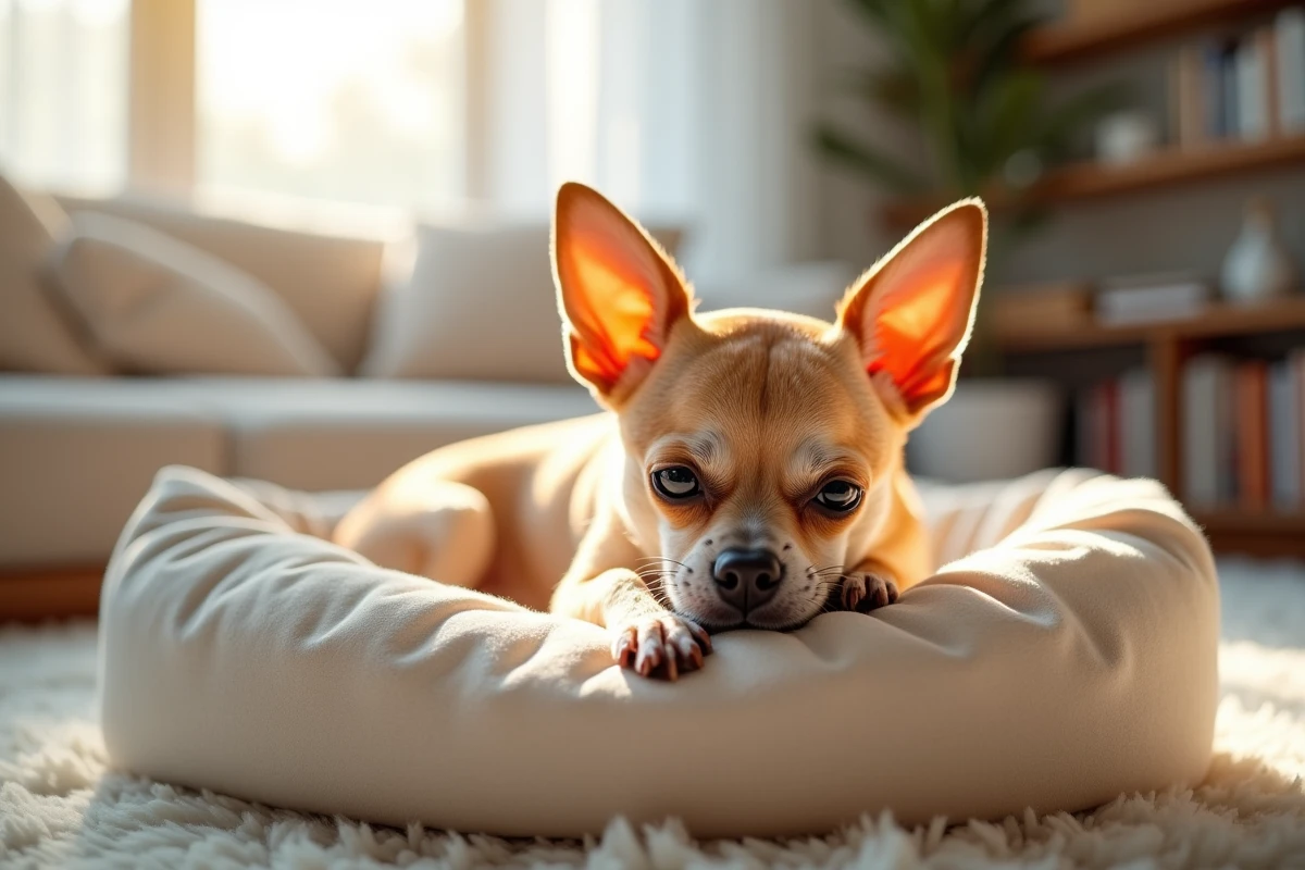 Chihuahua senior au museau grisonnant allongé sur un lit douillet près d'une fenêtre, évoquant la vieillesse et le bien-être du chien