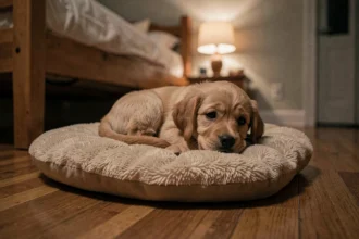 Chiot golden retriever seul la nuit sur son coussin exprimant de l'anxiété de séparation