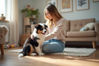 Chiot Australian Shepherd tricolore près d'une femme dans un salon lumineux