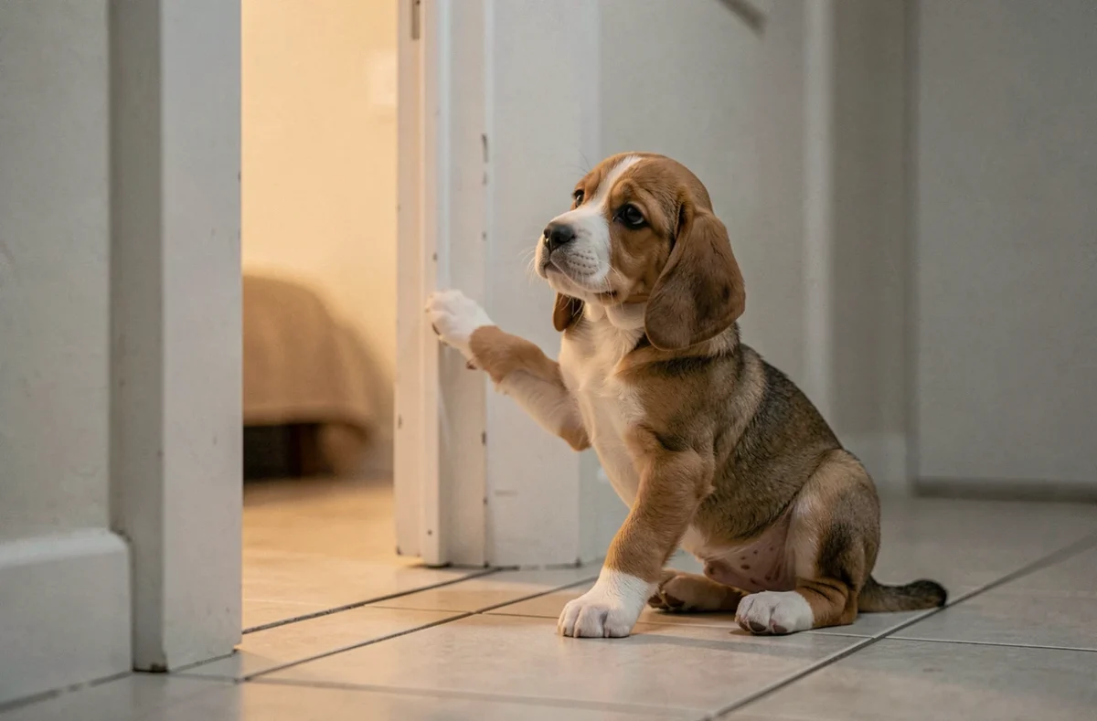 Chiot beagle qui gratte à la porte fermée pendant la nuit souffrant d'anxiété de séparation