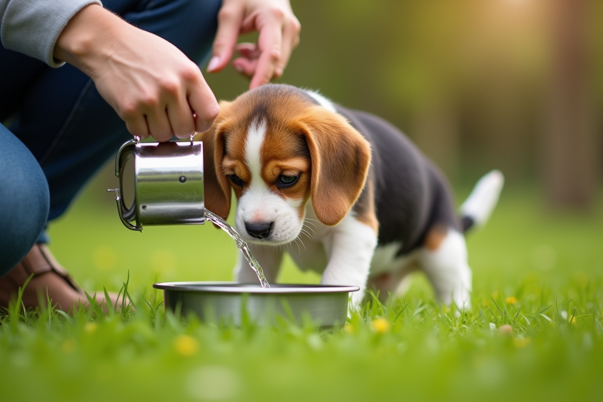 Chiot beagle dehors buvant de l