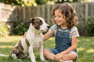 Chiot bull terrier blanc et bringé assis calmement aux côtés d'une fillette souriante dans un jardin verdoyant